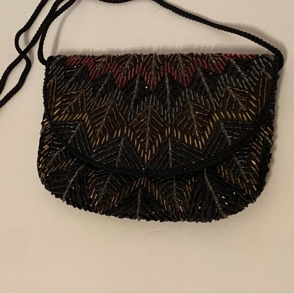VINTAGE HANDMADE BAG CROSSBODY SHOULDER BEADED BLACK BROWN GOLD RED LONG STRAP - Picture 2 of 14